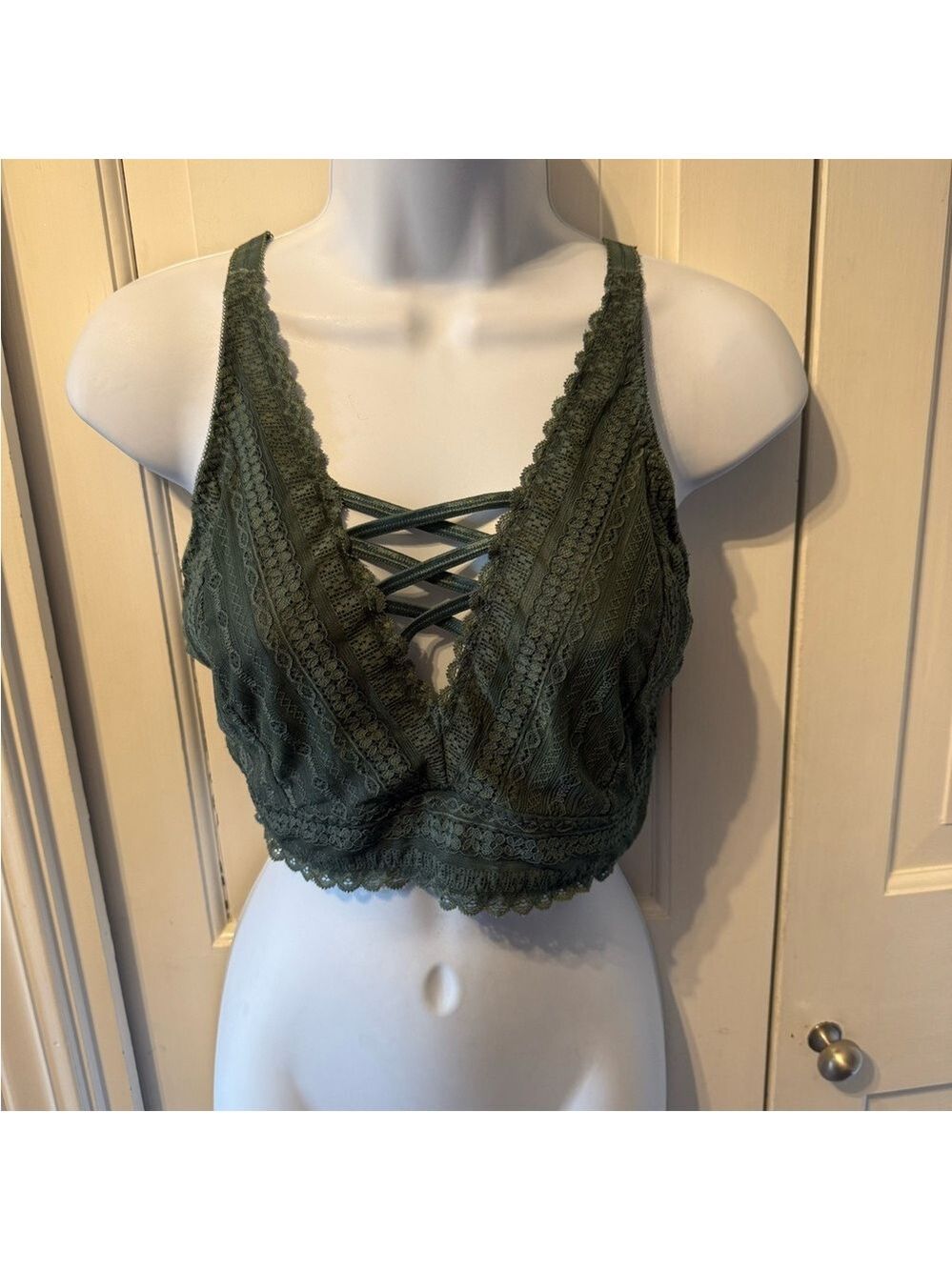 Ashley Stewart Olive Green Lace Crisscross Bralette